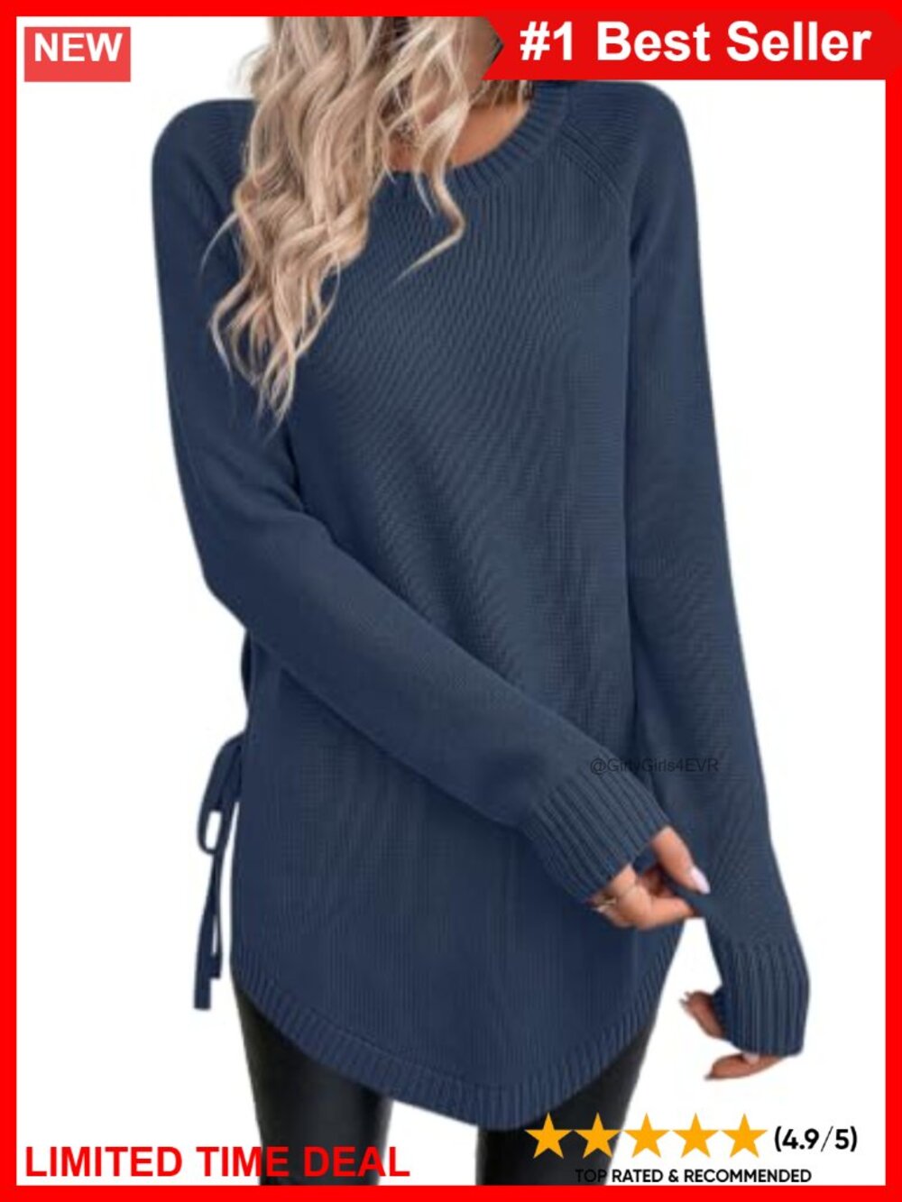 Side Tie Tunic Sweater Crewneck Long Sleeve Pullover 100% Acrylic